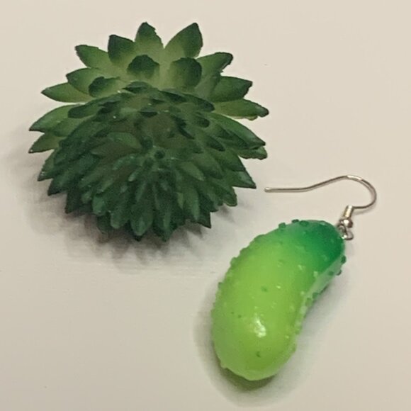 Pickle Earring, Cucumber Earring, Funny Food Earring, Gift, Vegetable Earring - Picture 2 of 4